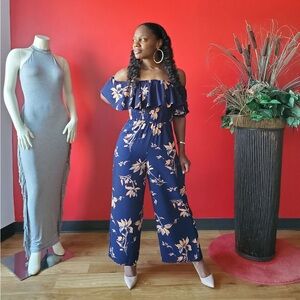 Navy blue floral jumpsuit - Medium